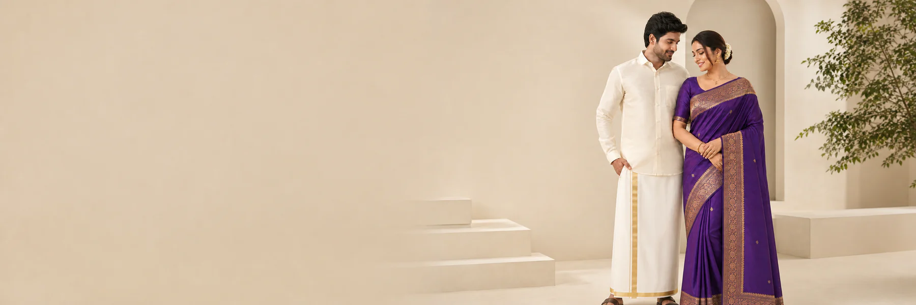 South Indian couple combo with an ivory shirt, white veshti and royal-purple silk saree