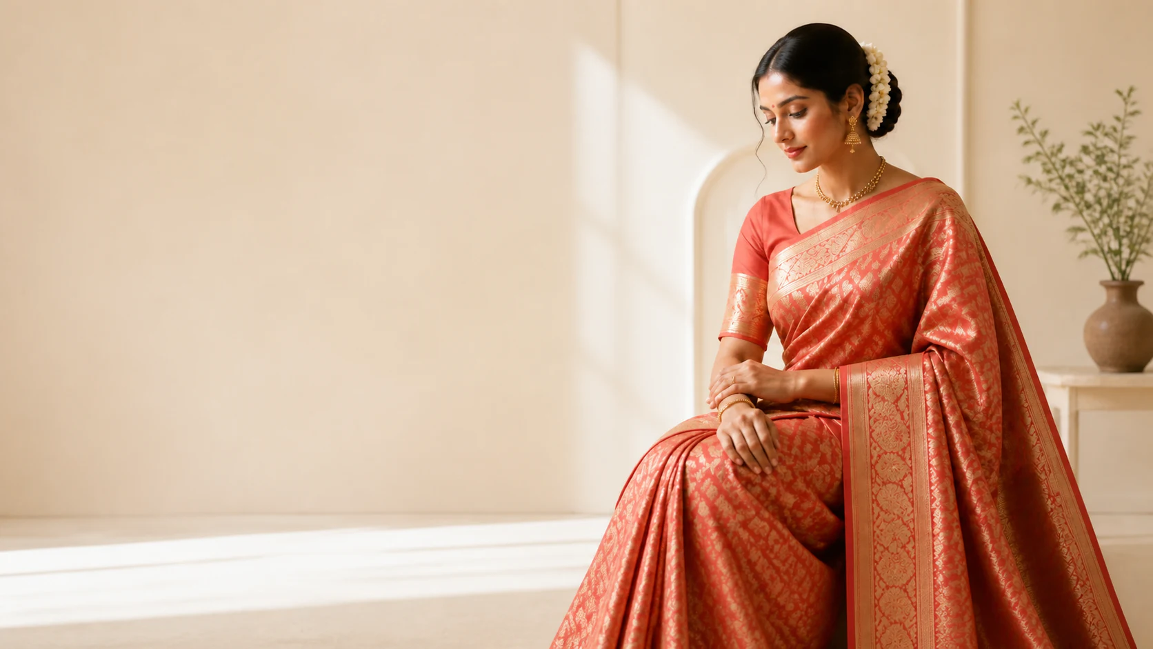 Sara Trends editorial campaign featuring a woman in a coral and antique-gold saree